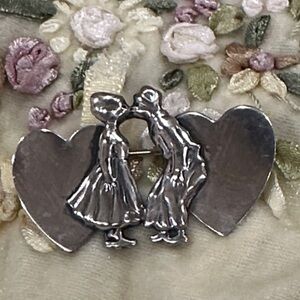 Vintage Sterling Lang Dutch courting couple Kissing brooch - 2” x 1 1/8”